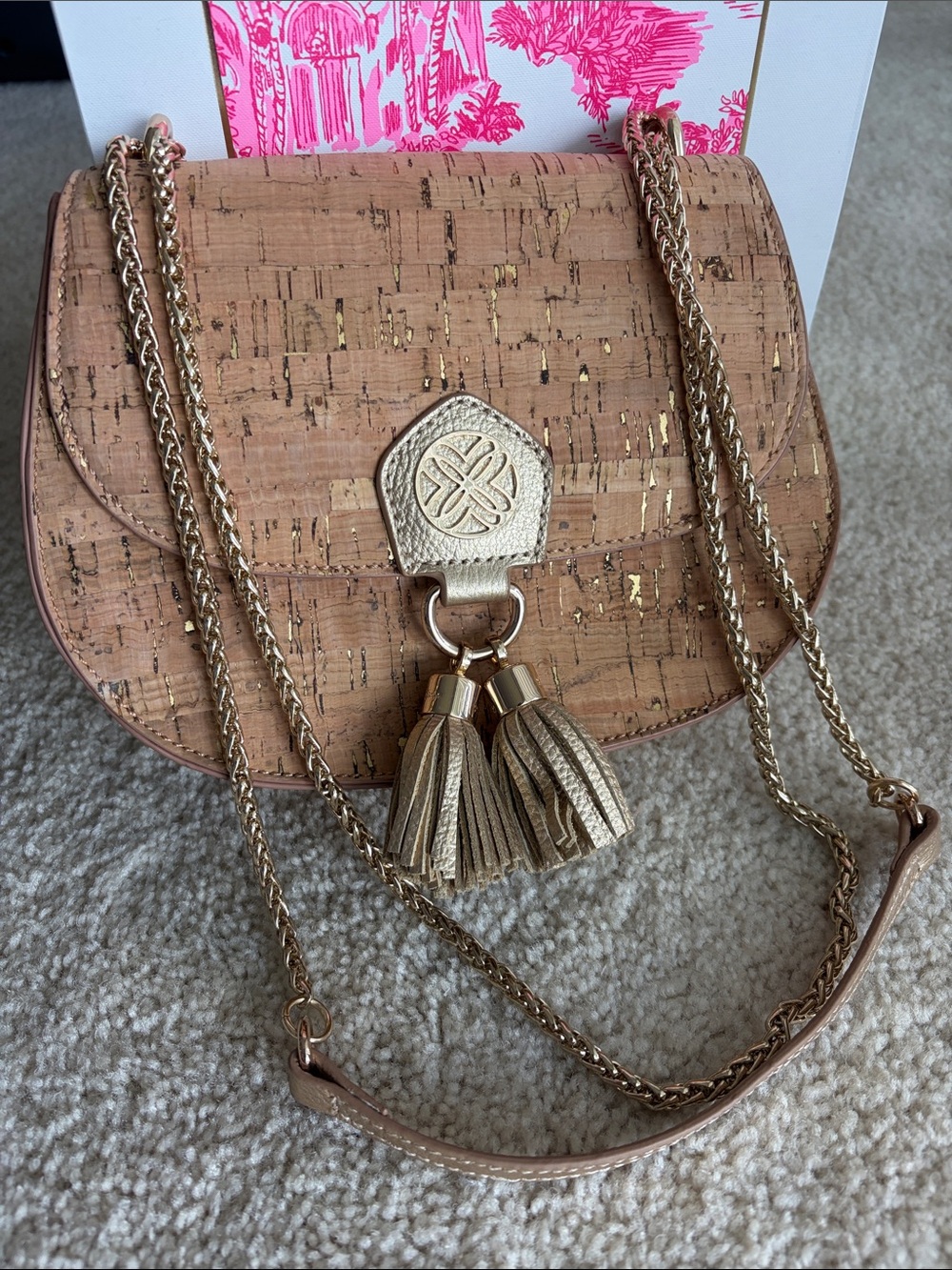 Lilly Pulitzer Cork Crossbody with Gold Tassels - Tan with Gold Foil